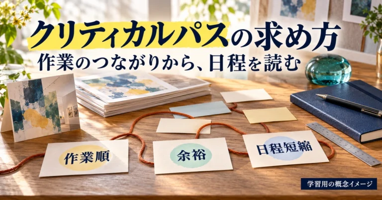 展示告知の紙資料と工程カードをつなぎ、作業順・余裕・日程短縮を学ぶクリティカルパスの概念画像。