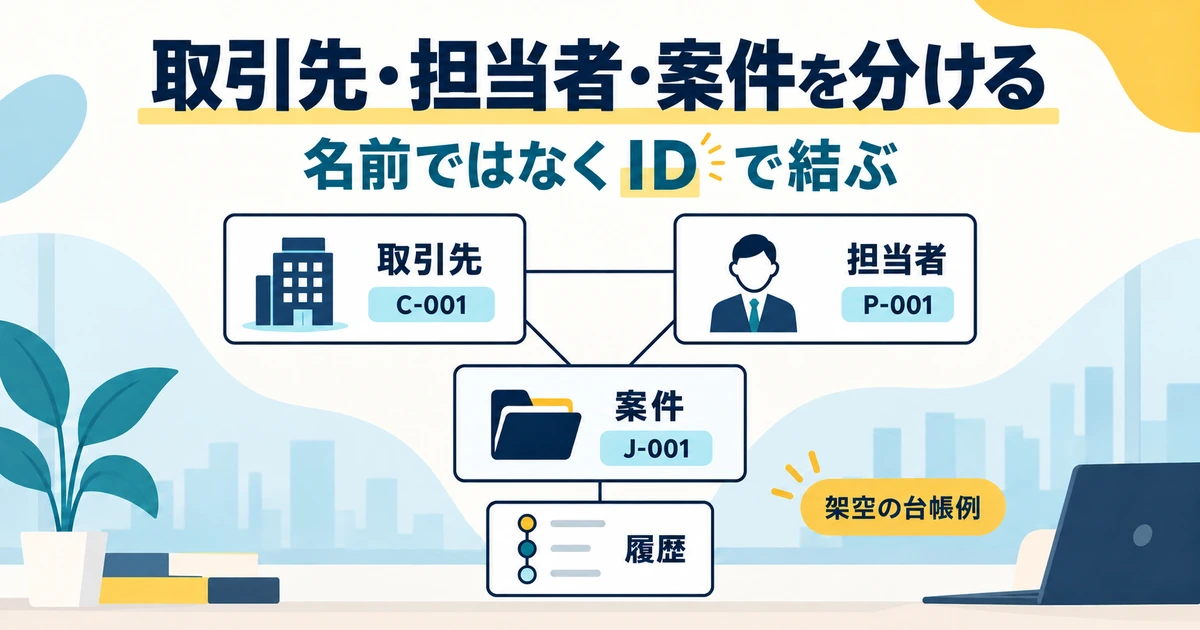 架空の取引先、担当者、案件、履歴をIDで関連付ける概念図