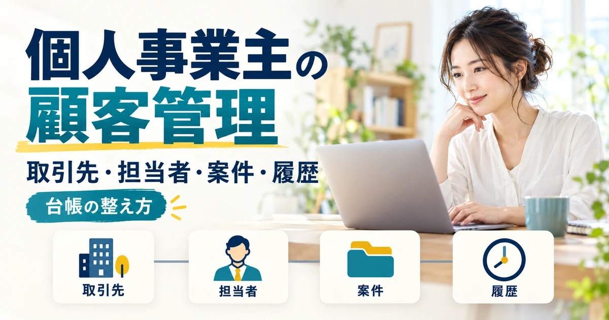 個人事業主が取引先、担当者、案件、履歴を分けて顧客台帳を整えるイメージ
