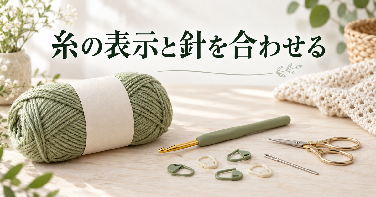 編み始める前に糸の表示と道具を確認するイメージ