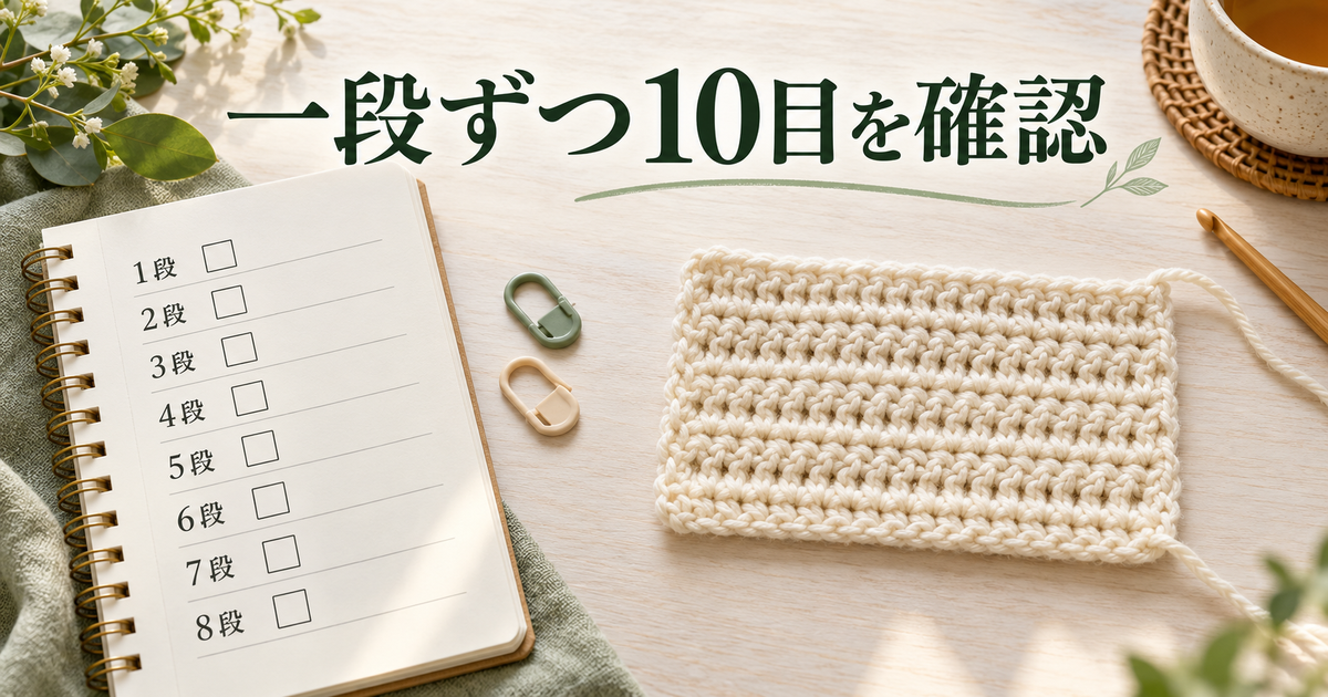 平編みの各段の目数を確かめる記録ノートと小片のイメージ