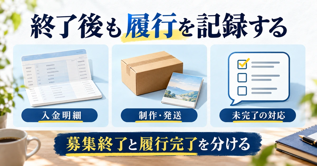 募集終了と履行完了を分けて入金明細、制作発送、未完了対応を記録する図