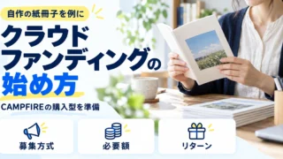 自作の紙冊子を例にCAMPFIRE購入型の募集方式、必要額、リターンを準備するイメージ