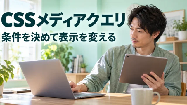 画面幅に応じた表示を考える男性の説明用生成画像