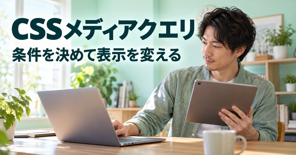 画面幅に応じた表示を考える男性の説明用生成画像
