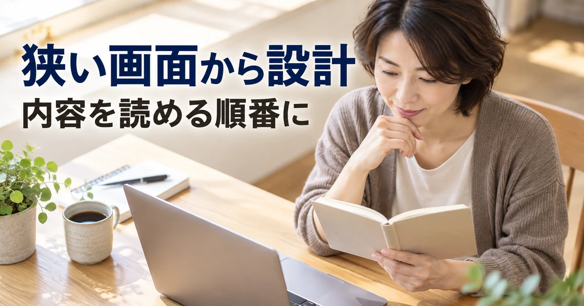 狭い画面で読みやすい内容の順番を考える女性の説明用生成画像