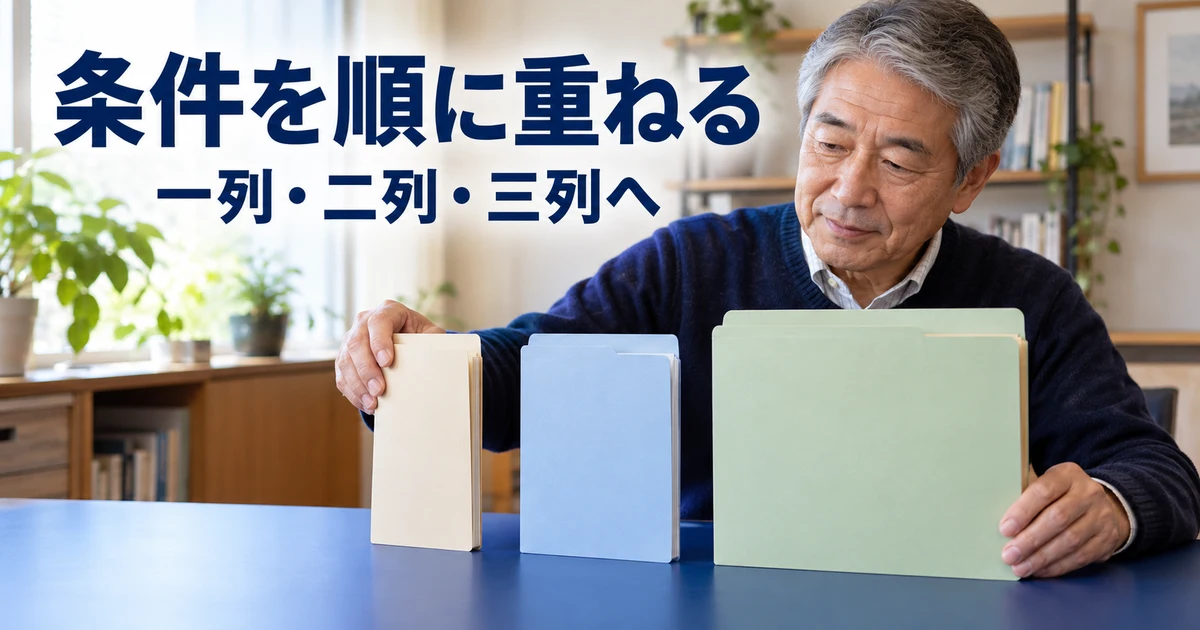 幅の条件を順に重ねる考え方を整理する男性の説明用生成画像