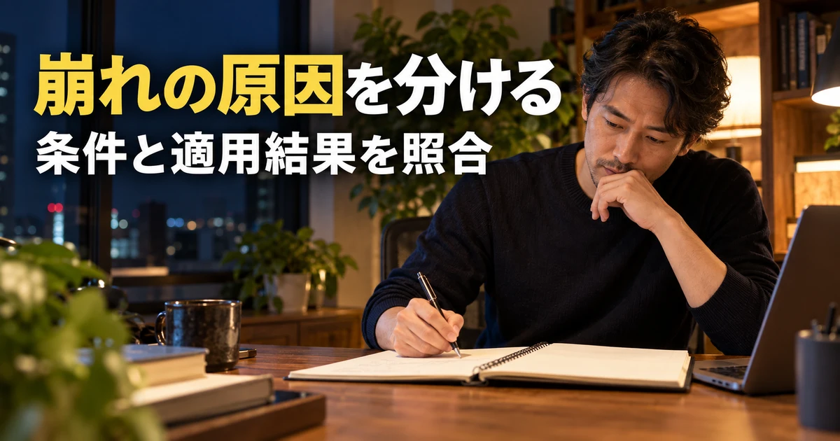 CSSの条件と適用結果を記録して検証する男性の説明用生成画像