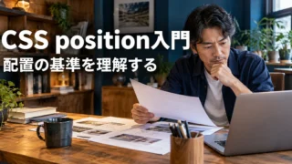 CSSの配置基準を資料で確認する男性の説明用生成画像