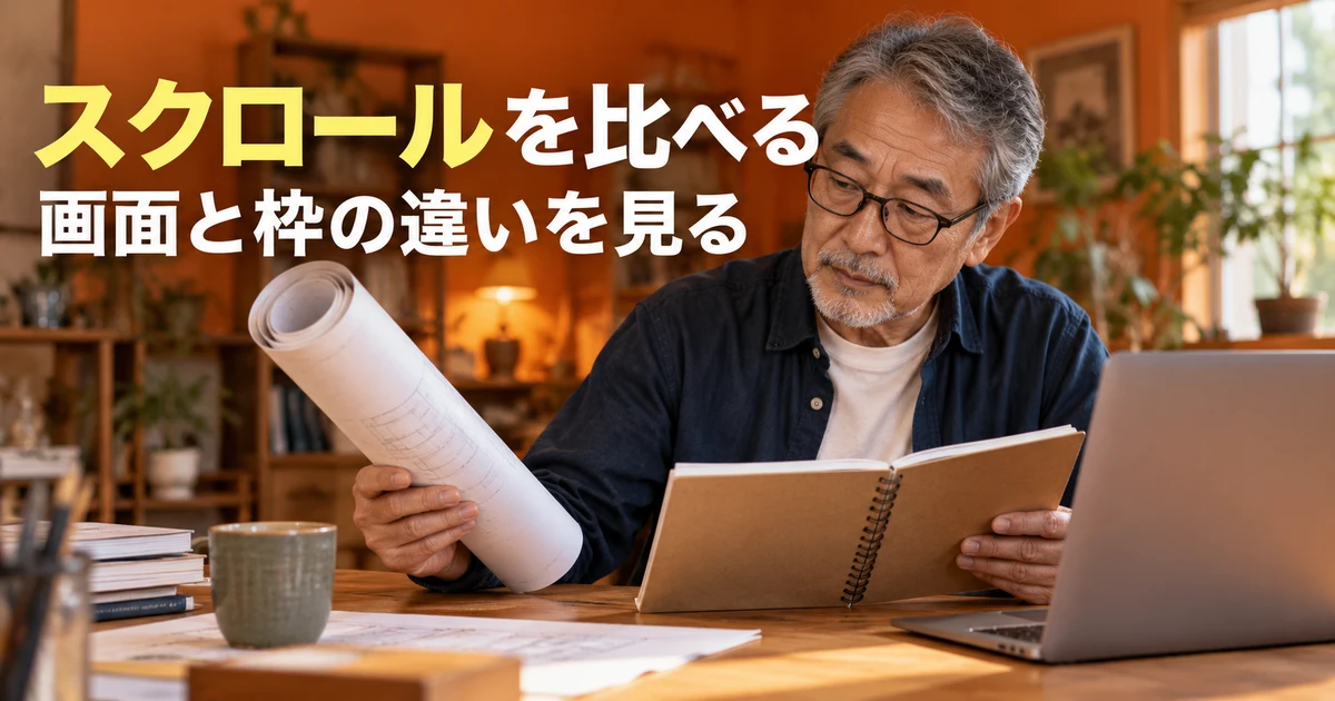 画面全体と枠内のスクロールを区別する男性の説明用生成画像