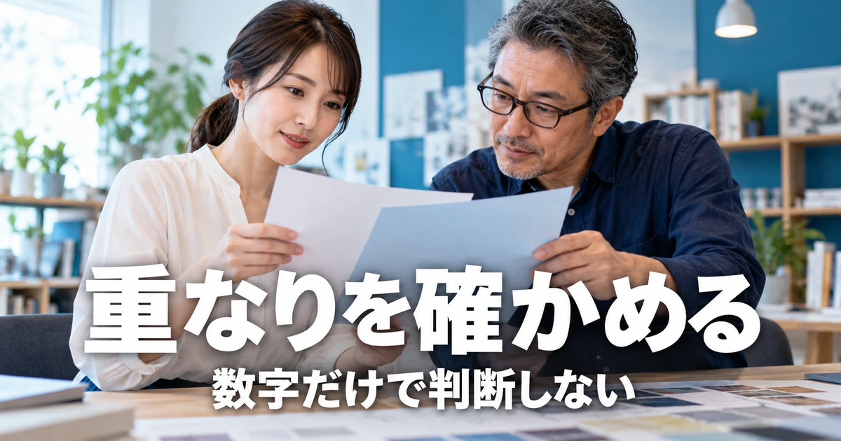 要素の重なり方を紙で確かめる二人の説明用生成画像