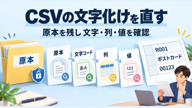CSVの原本を残し、文字コード・列・値を順に確認する記事の説明図
