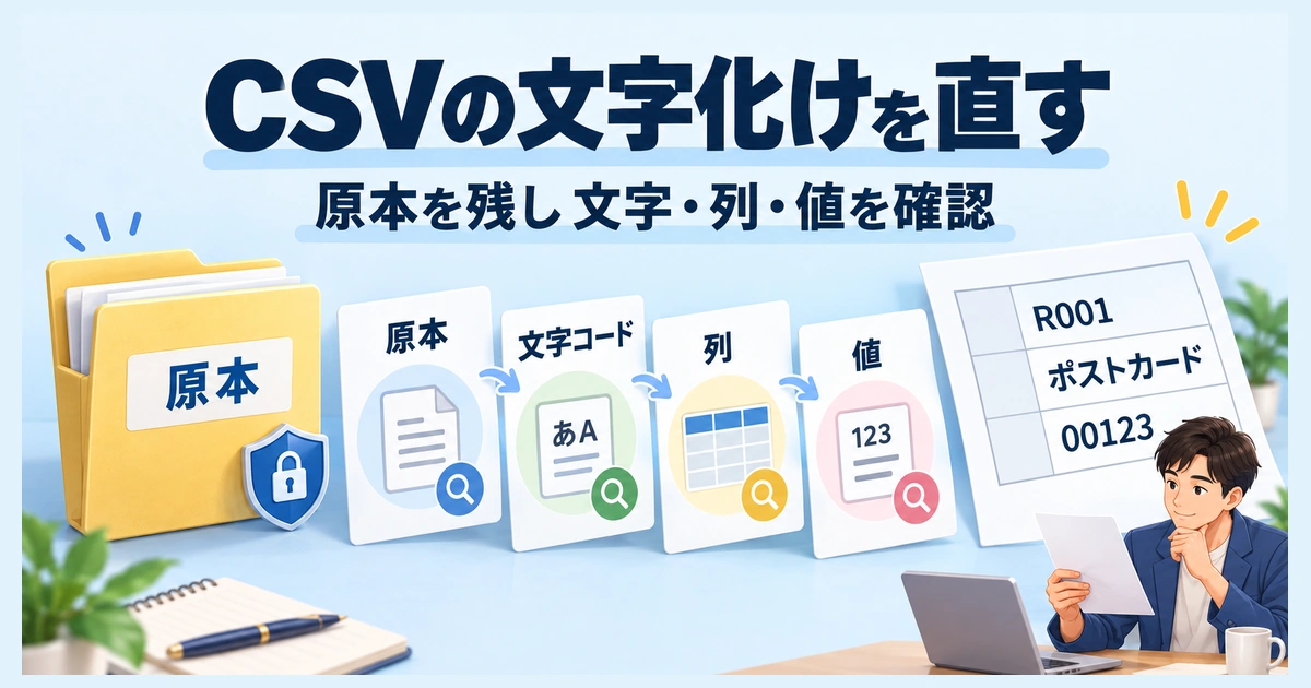 CSVの原本を残し、文字コード・列・値を順に確認する記事の説明図