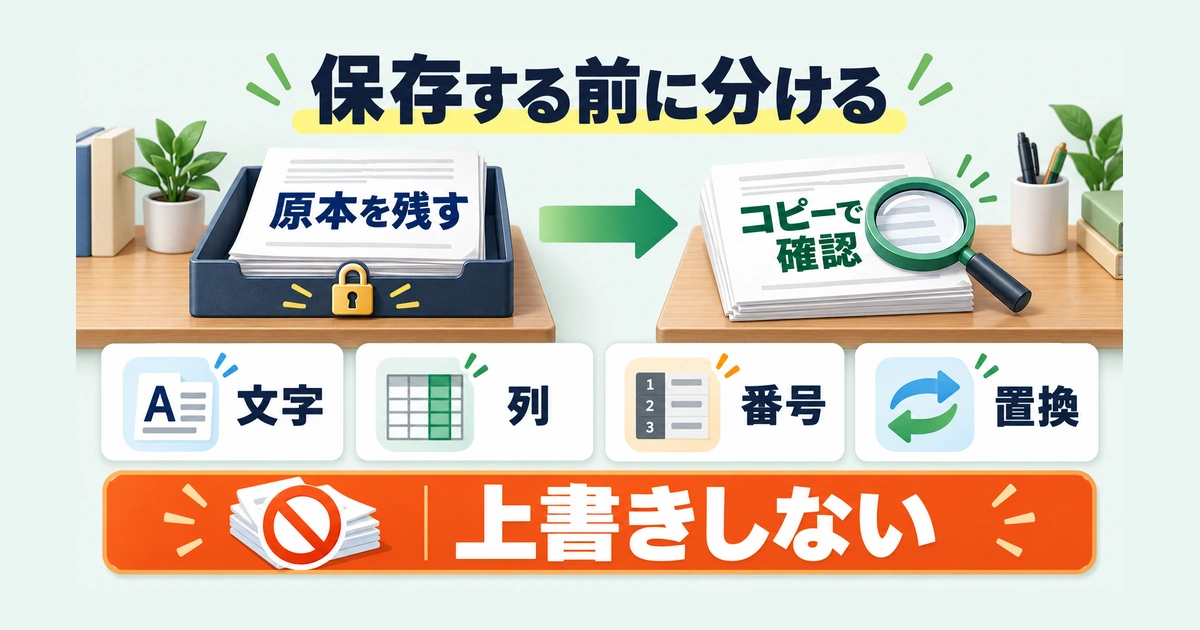 未変更原本を保管し、コピーで文字化け・列ずれ・値の変化を調べる図
