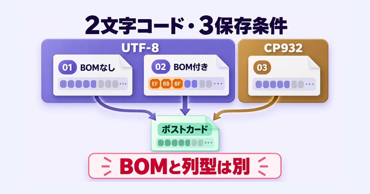 UTF-8のBOMなし・BOM付きとCP932を、2文字コード・3保存条件として比べる対照図