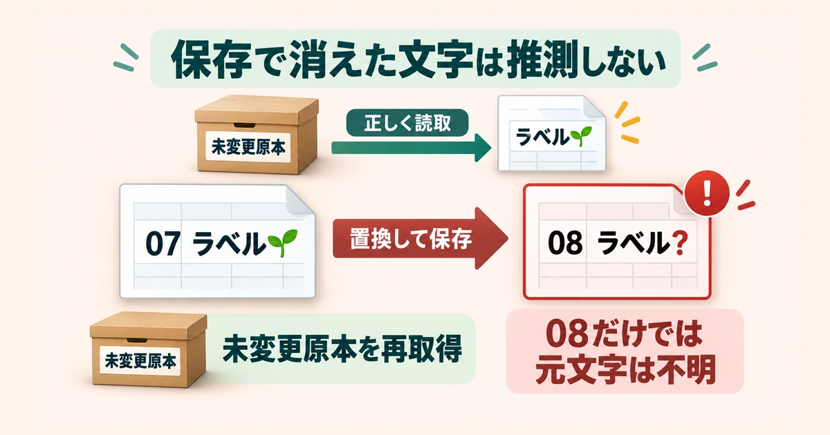 正しい読取で戻る場合と、置換保存で元の文字情報が失われた場合の違い