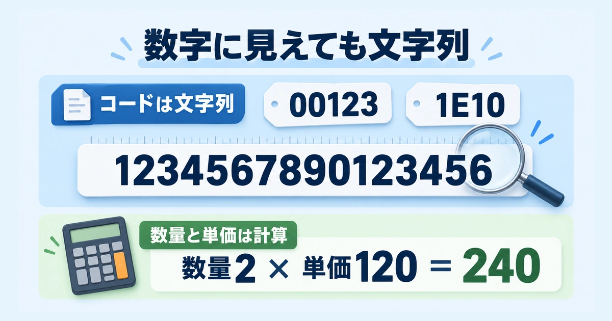 先頭ゼロや長い番号などのコードを文字列で保ち、数量と単価だけを計算する図