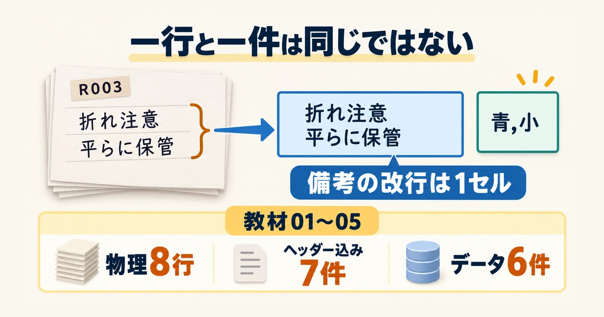 セル内改行を含むCSVでは物理8行でもヘッダー込み7レコード、データ6件になる図