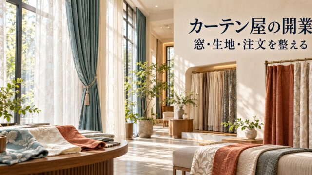 架空のカーテン店の吊り見本と生地の質感を写した、窓・生地・注文を整える開業記事の表紙