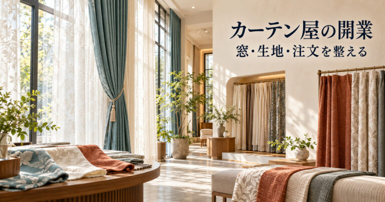 架空のカーテン店の吊り見本と生地の質感を写した、窓・生地・注文を整える開業記事の表紙