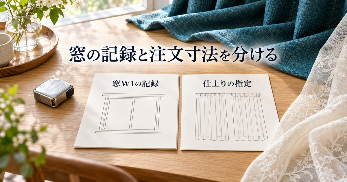 窓W1の記録と仕上りの指定を、布見本の横に別々に置いた寸法情報の読み合わせ