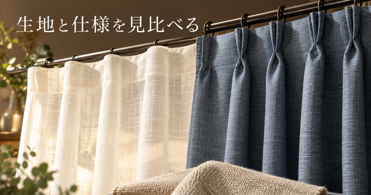 厚地とレースの質感や吊り元の見本を近くで比べる、架空の生地と仕様の選択場面