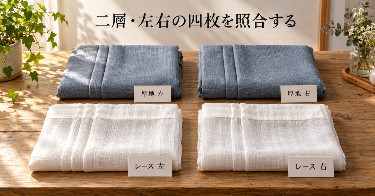 厚地の左右二枚とレースの左右二枚を別札で示す、一窓分の架空の入荷照合