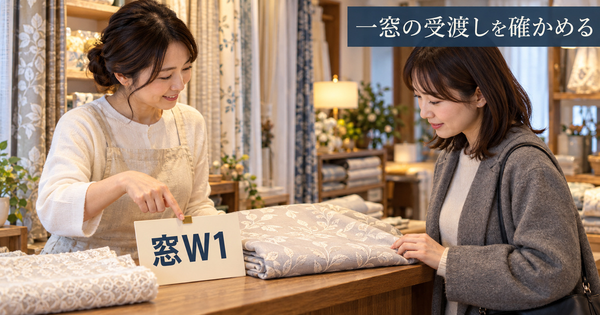 架空のカーテン店で窓W1の札が付いた製品を店員と来店者が確認する、受渡し準備の場面