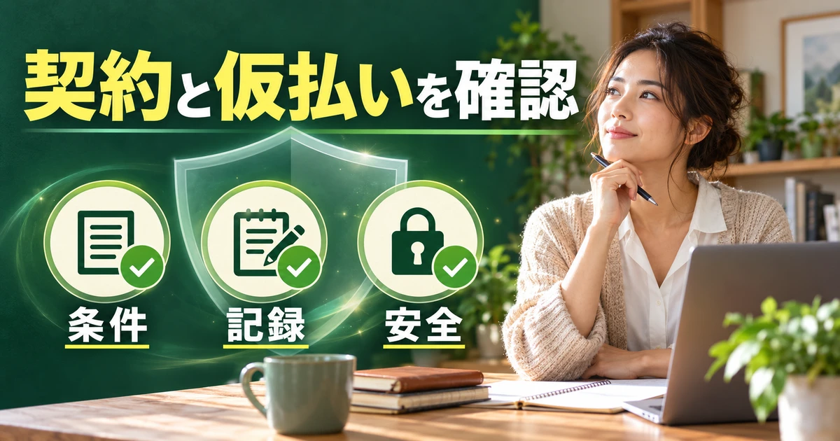契約条件・記録・安全性を確認する人物と図解