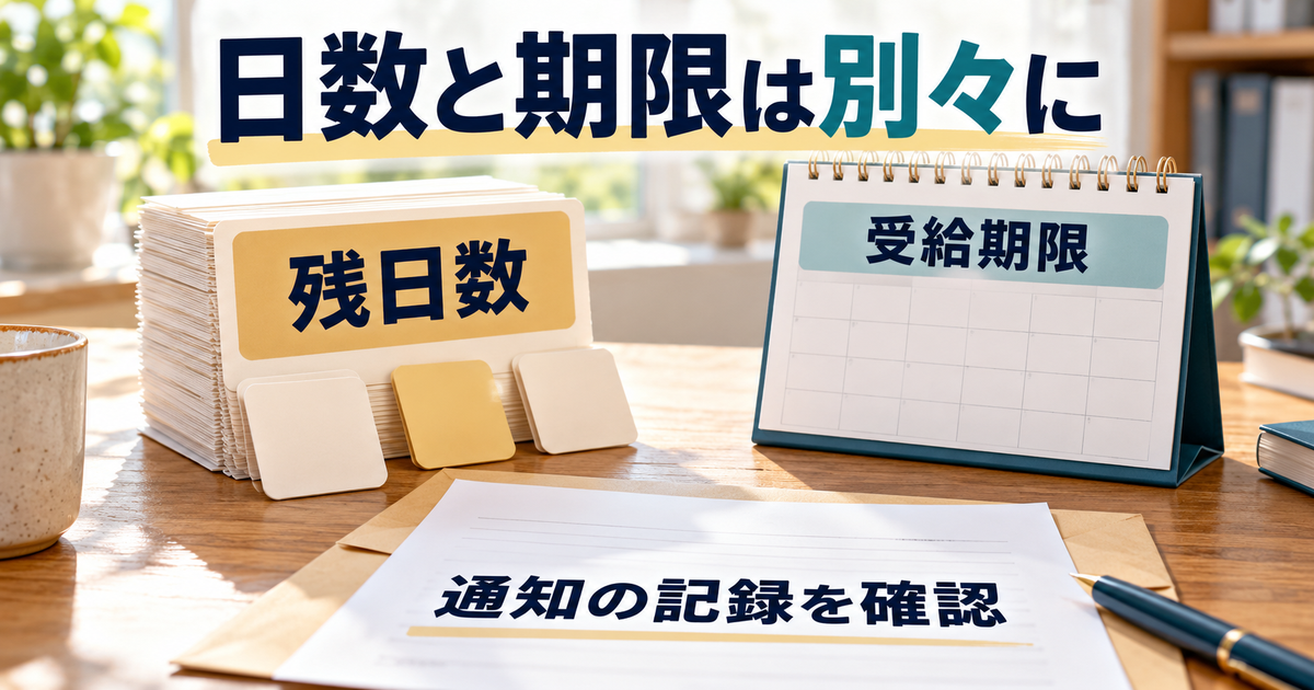 基本手当の支給残日数と受給期間満了日を別々に確認し、手当の通知と照合する図
