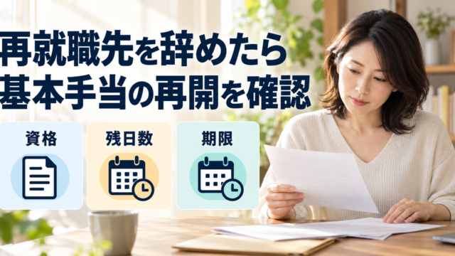 再就職先を離職した後、以前の受給資料から資格・残日数・受給期限を確認するイメージ