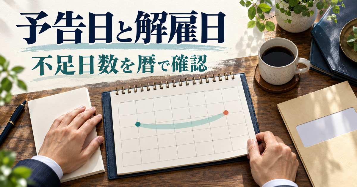 通知日と解雇日の間をカレンダーで確認する手元