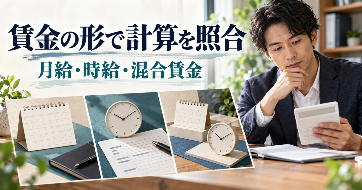 月給・時給・混合賃金の計算を三つに分けて照合する様子
