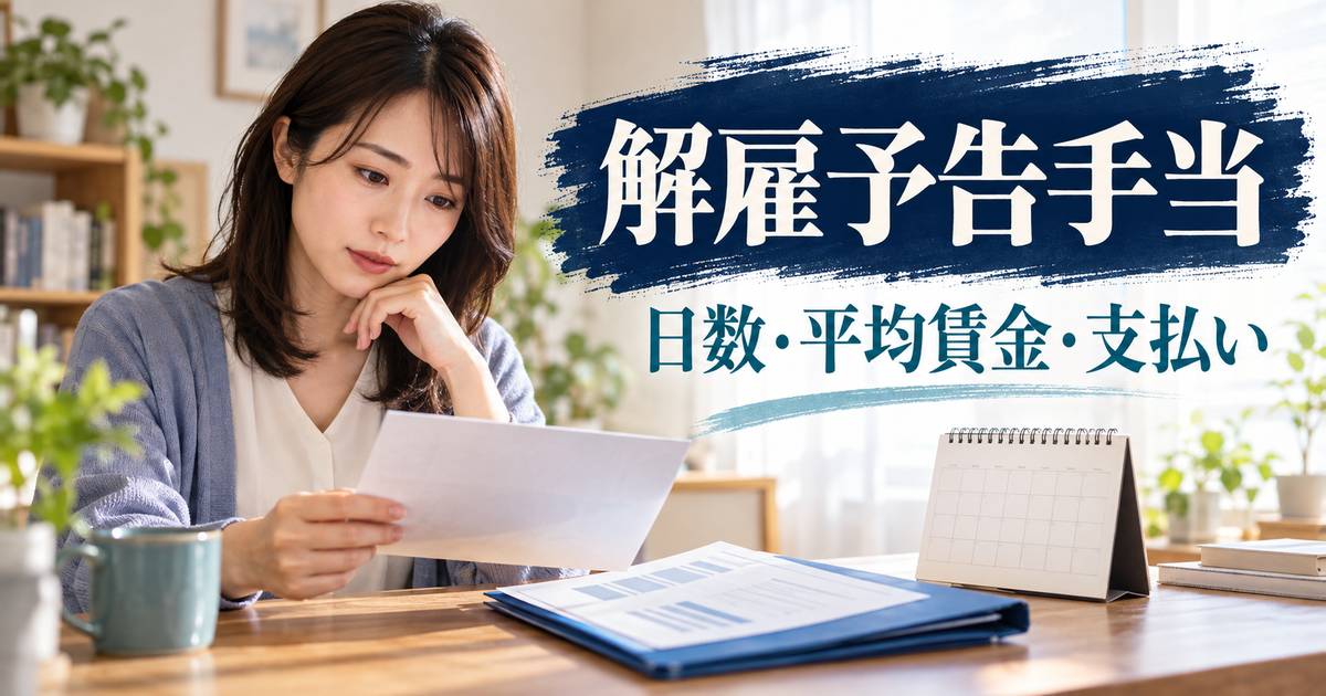 通知書とカレンダー、給与明細を並べて解雇予告手当を確認する成人