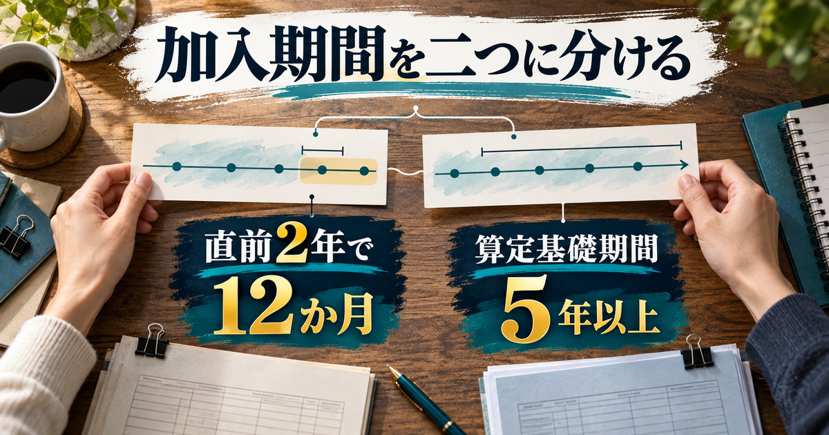 直前2年のみなし被保険者期間12か月と、算定基礎期間5年以上を別々に確認する図