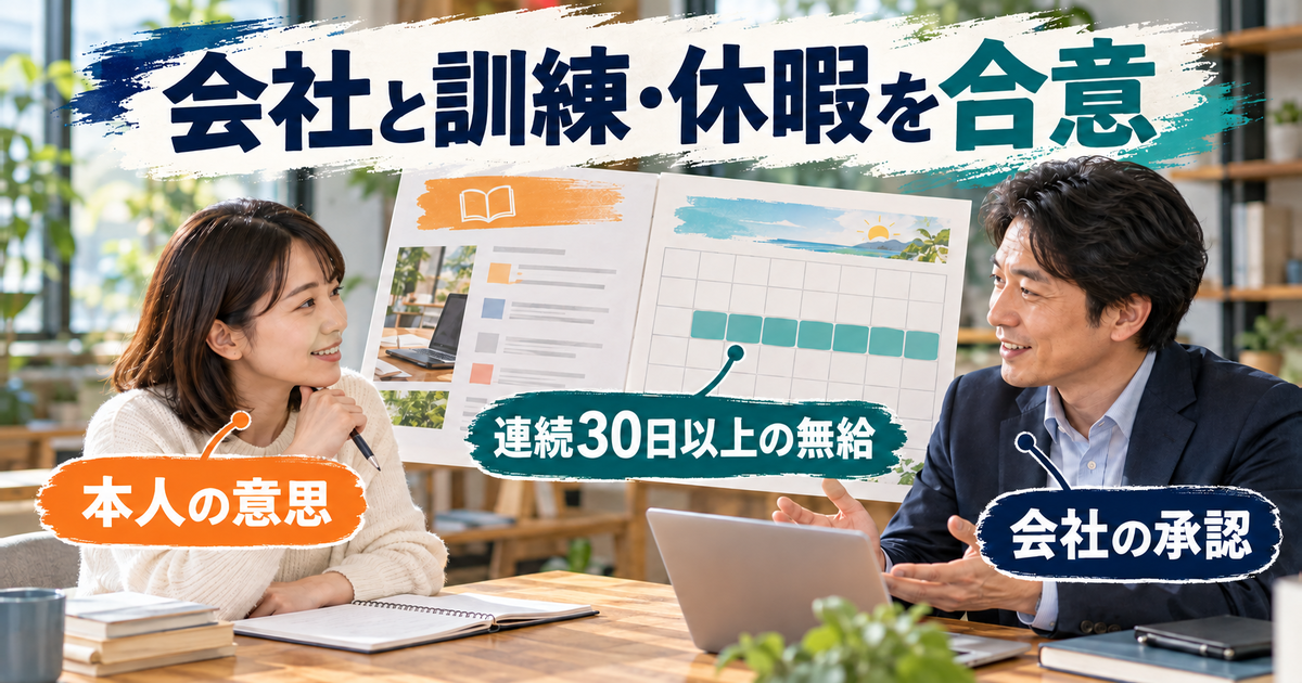 本人の意思で学ぶため、連続30日以上の無給休暇と会社の承認を確認する図