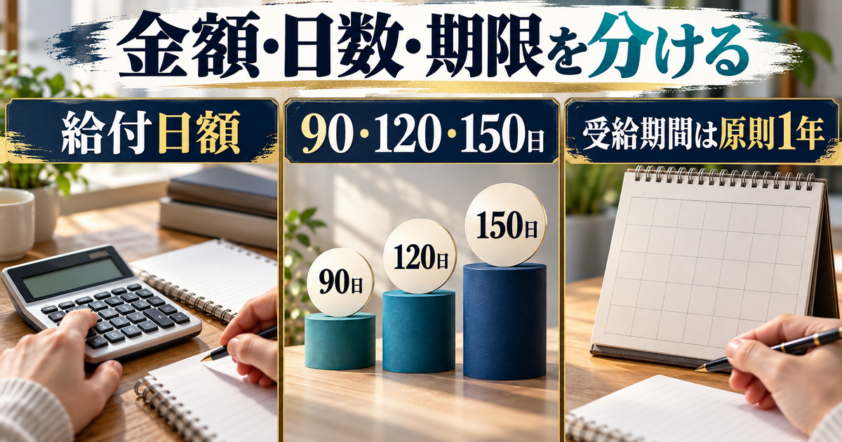 給付日額、90日・120日・150日の上限、原則1年の受給期間を分けて考える図
