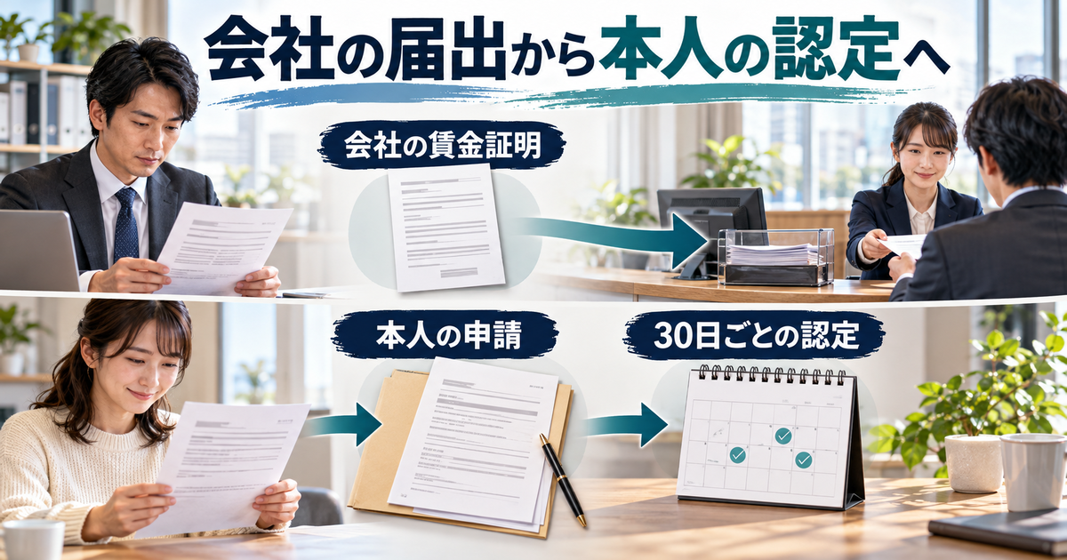 会社の賃金証明、本人の申請、30日ごとの休暇取得認定をつなぐ手続きの図
