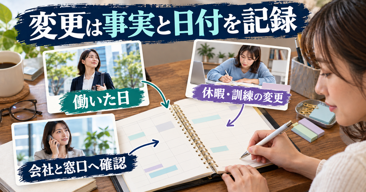 就業日や訓練・休暇の変更を記録し、会社とハローワークへ確認するイメージ