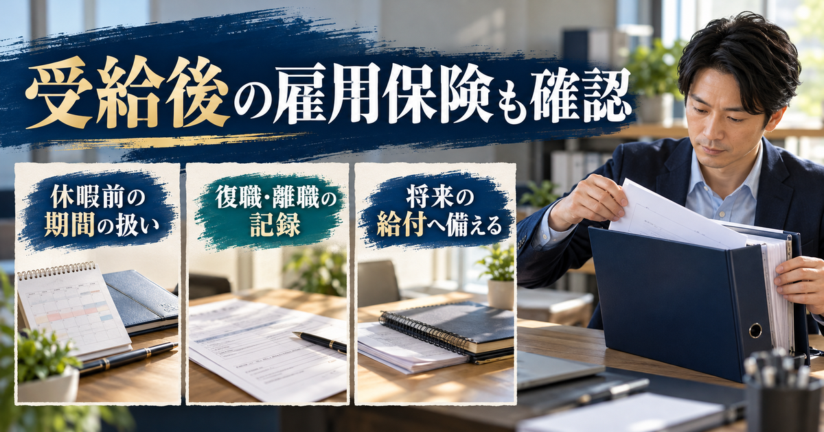 休暇給付を受けた後の雇用保険期間の扱いと、復職・離職の記録を確認する図