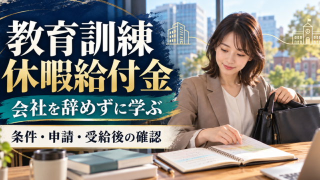 会社を辞めずに学ぶ教育訓練休暇給付金の条件、申請、受給後の確認を表すイメージ