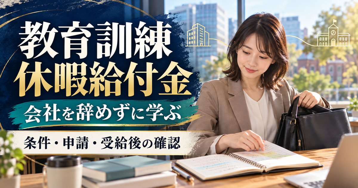 会社を辞めずに学ぶ教育訓練休暇給付金の条件、申請、受給後の確認を表すイメージ