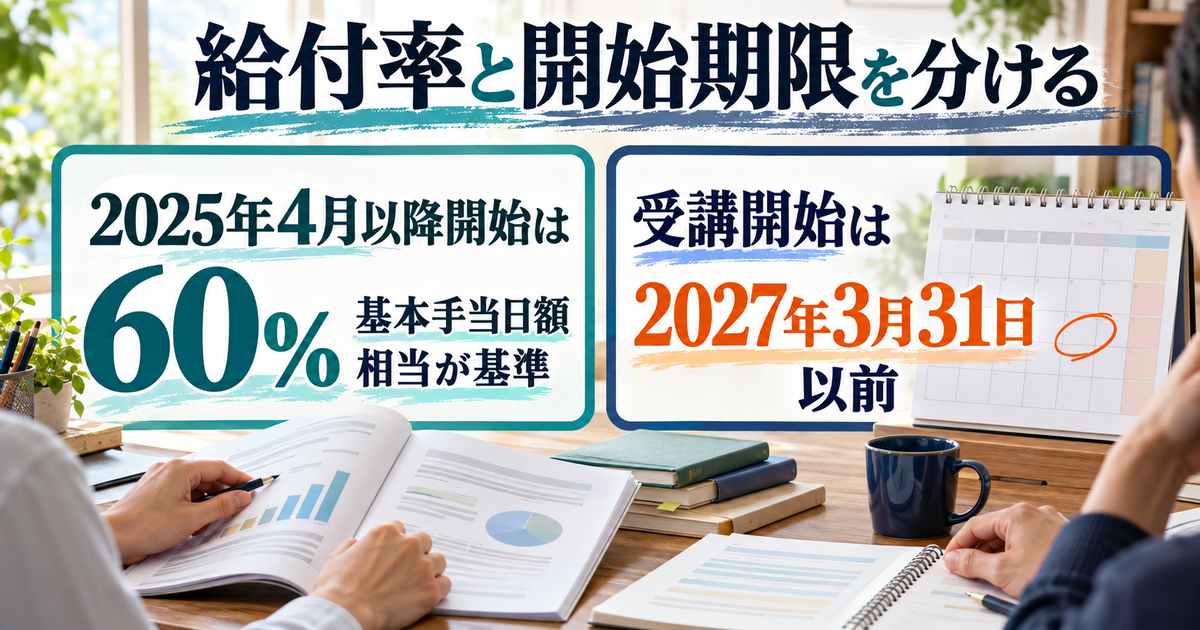 2025年4月以降開始の給付率は基本手当日額相当の60%で、現行の受講開始期限は2027年3月31日以前であることを示す図