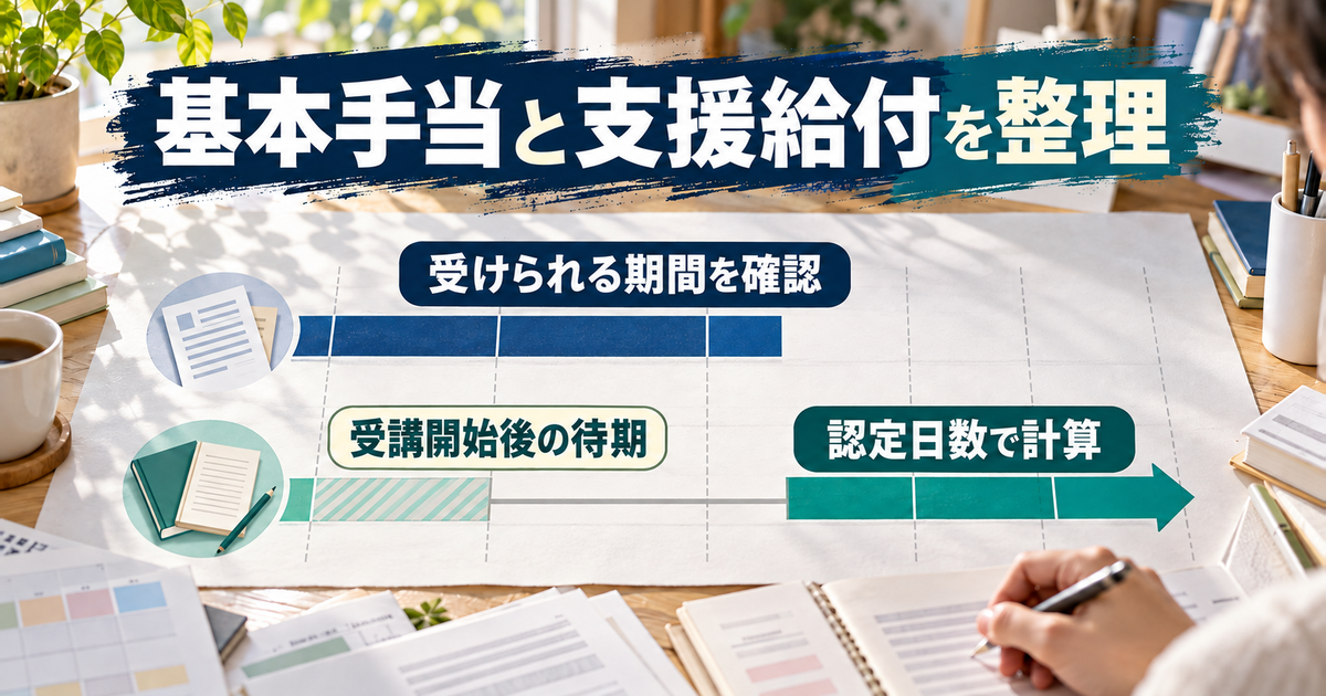 基本手当を受けられる期間と、受講開始後の支援給付の待期・認定を別々に確認する図