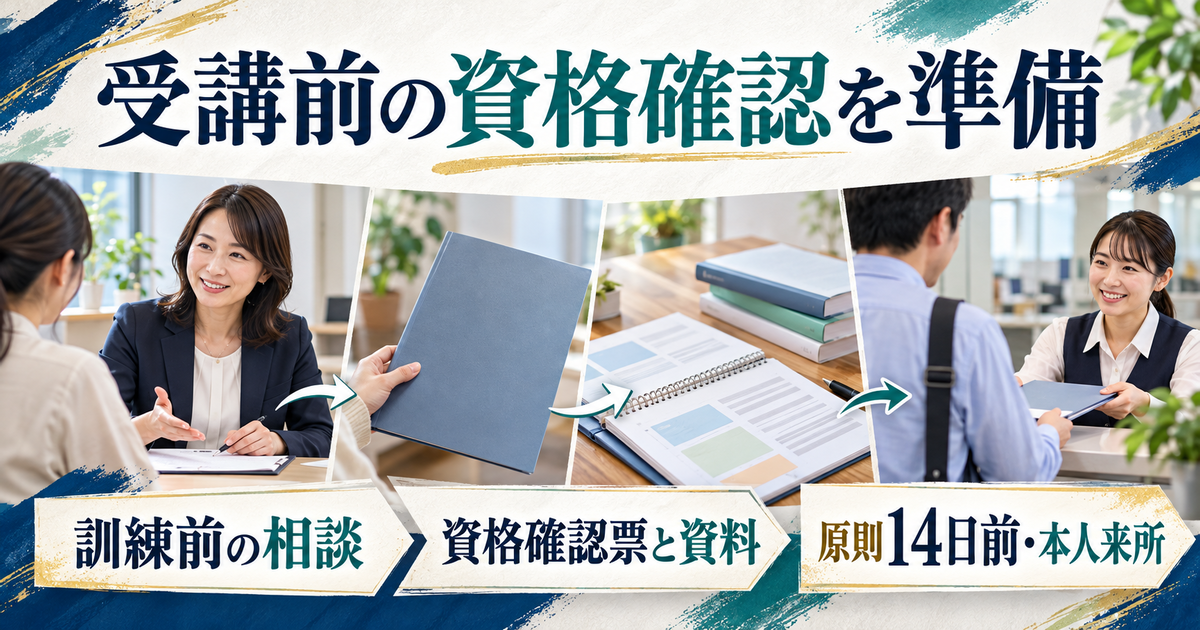 訓練前の相談と必要資料を準備し、原則受講開始14日前までに本人が資格確認を行う流れ