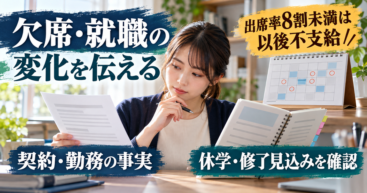 出席率の基準と、アルバイト・就職・休学などの変化を学校とハローワークへ確認する図