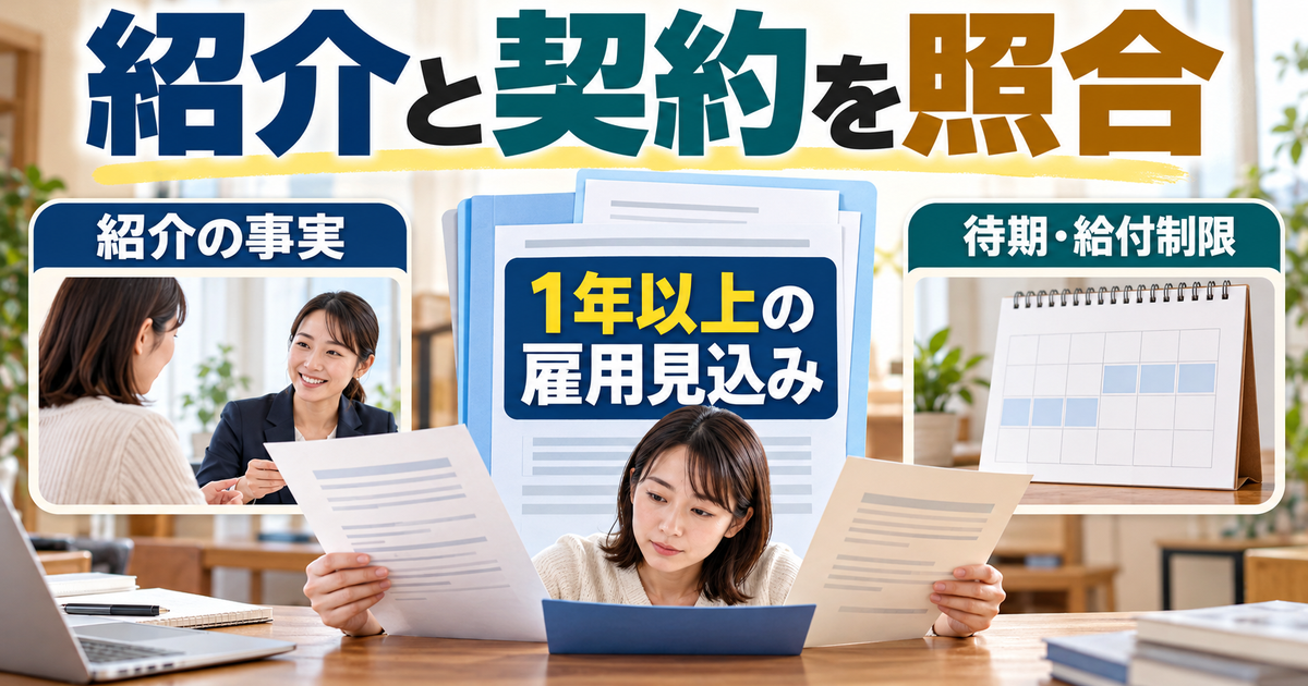 紹介経路、1年以上の雇用見込み、待期や給付制限を照合する図