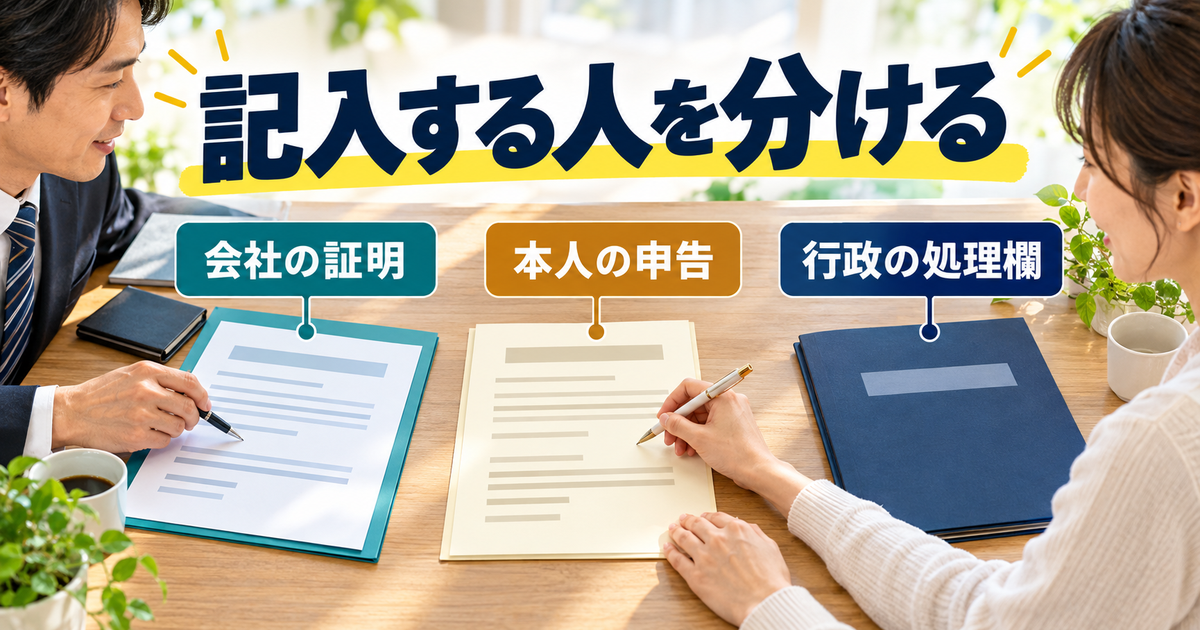 会社の雇用証明、本人の過去の受給申告、行政の処理欄を分ける図