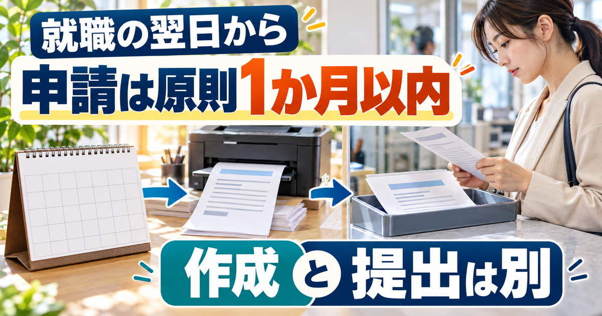 就職の翌日から原則1か月以内に、作成した申請書を提出する必要があることを示す図