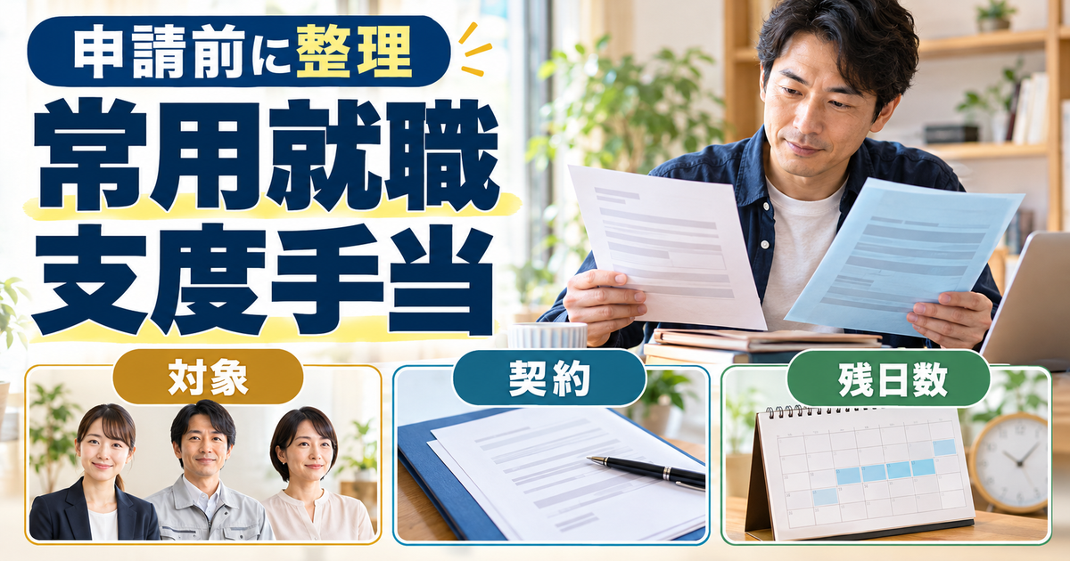 常用就職支度手当の申請前に、対象区分・雇用契約・残日数を整理するイメージ